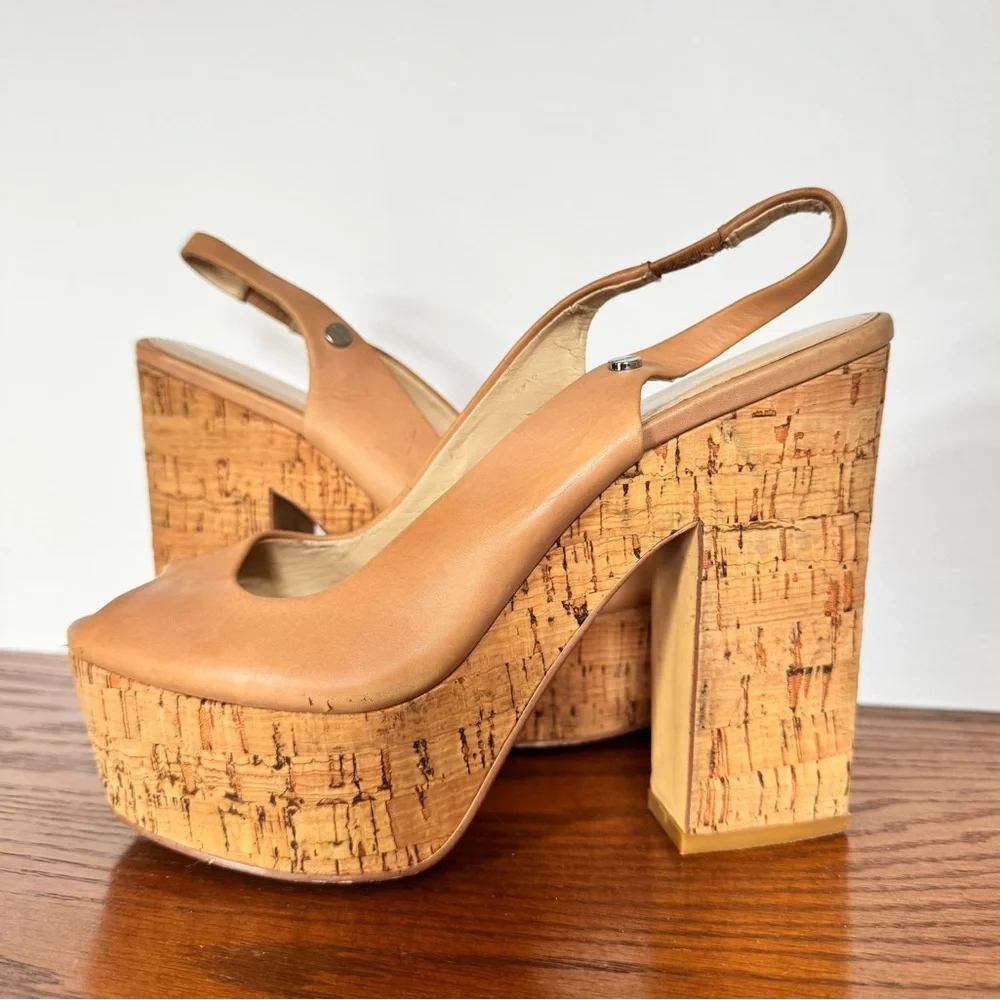 Calvin Klein Raimy Tan Slingback Peep Toe Cork Platform Block Heel 8